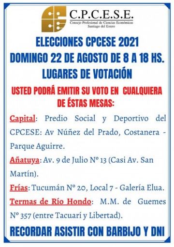 Elecciones CPCESE 2021 Domingo 22 AGO de 8 a 18hs